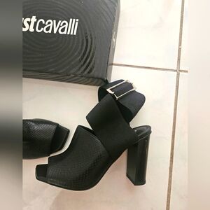 Just Cavalli Black Block Heel Sandals with Ankle Strap, Sz 8